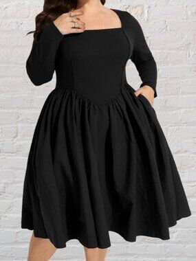 3X Square Neck Long Sleeve Mini Dress